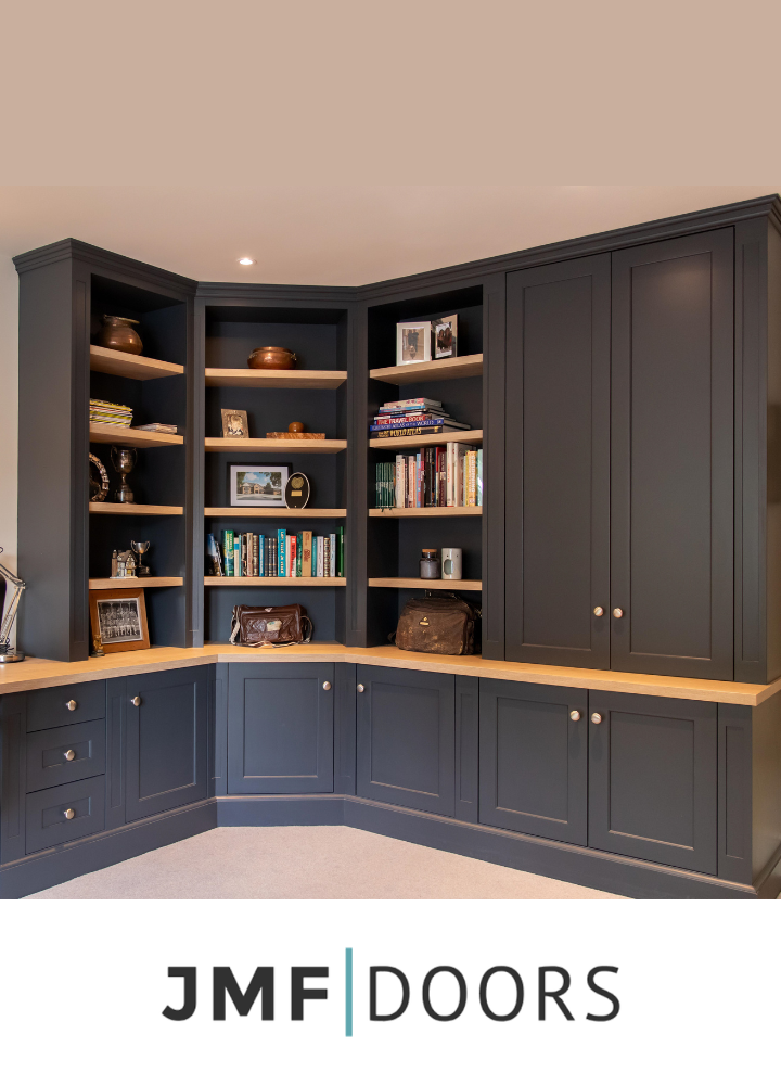 Dark blue home library cabinetry fitted with Plain Shaker doors