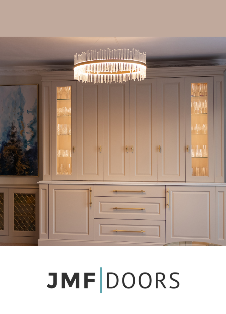 Bespoke display cabinetry with Plain Shaker doors in a customer dining room