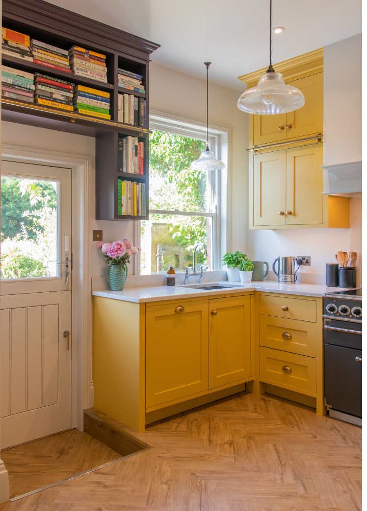 Yellow customer kitchen fitted with made-to-measure Plain Shaker doors