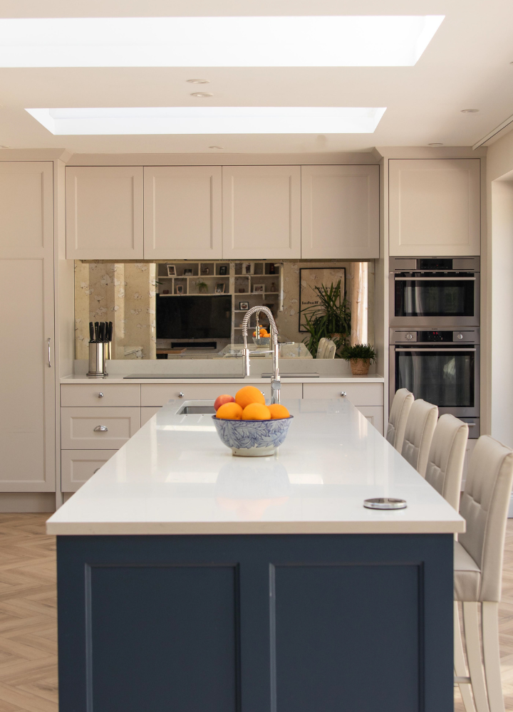 Blue fitted home-office cabinetry with Plain Shaker doors