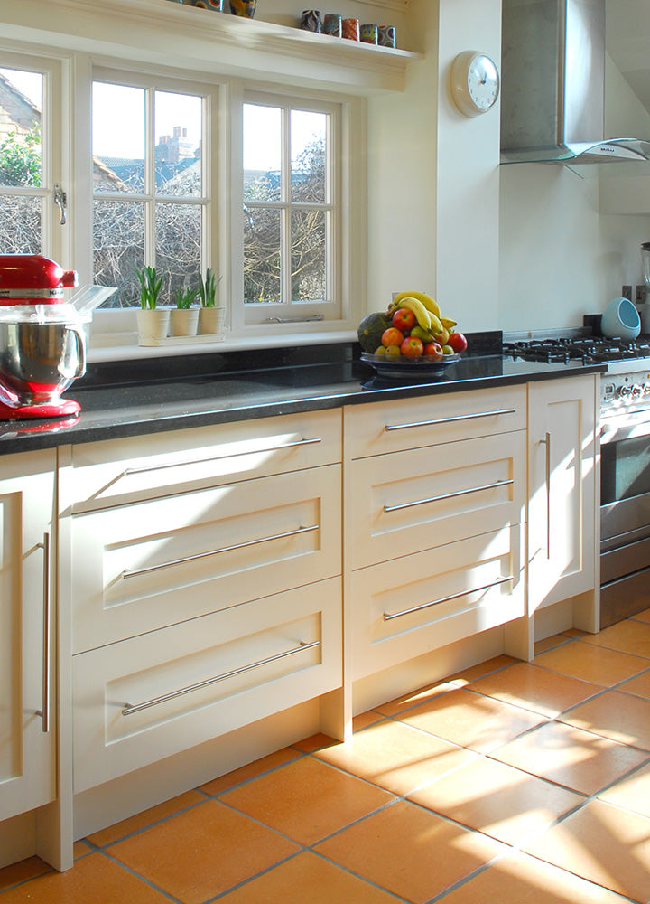 Dark grey customer kitchen fitted with tall Plain Shaker cabinet doors