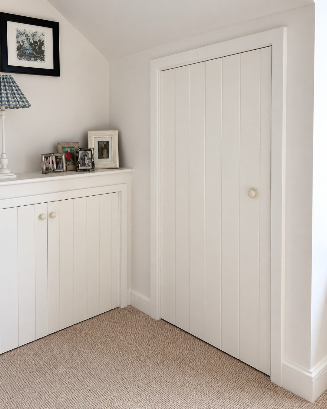 Cream Tongue and V groove cabinet doors in a customer home
